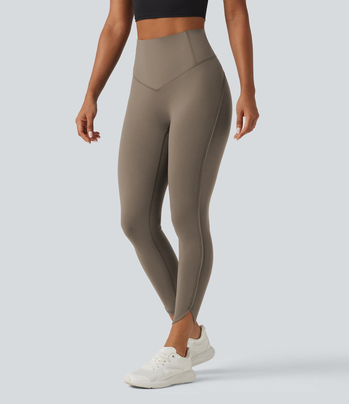 Legginsy treningowe 7/8 z wysokim stanem i kieszeniami – Szarobrązowe