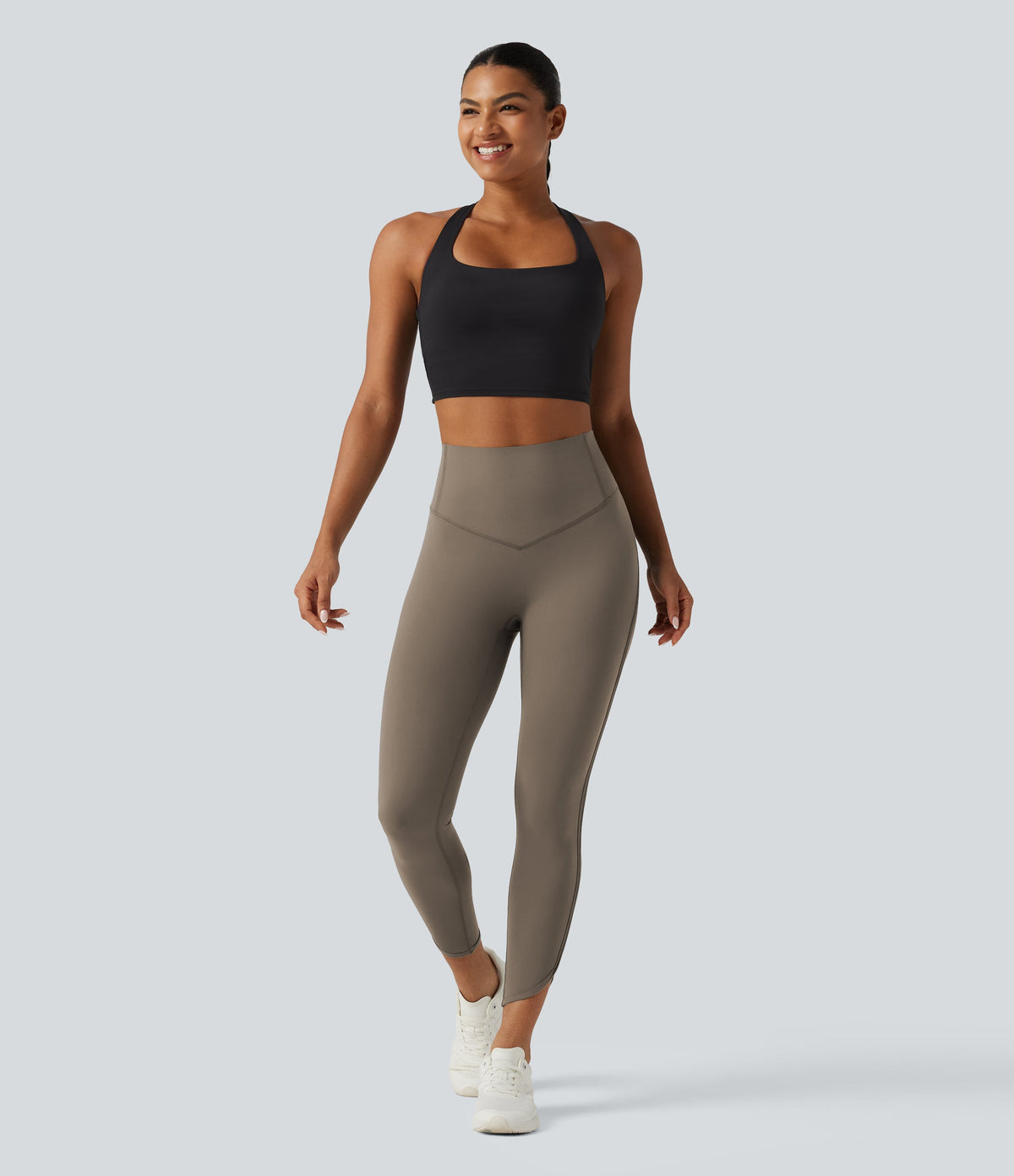 Legginsy treningowe 7/8 z wysokim stanem i kieszeniami – Szarobrązowe